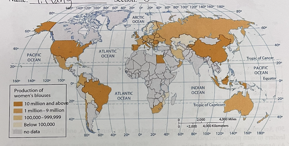 <p>As indicated on this map, the world leaders in blouse production include the United States, China,</p><ol><li><p>﻿﻿﻿Russia, South Africa, and Australia.</p></li><li><p>﻿﻿﻿Pakistan, and India.</p></li><li><p>﻿﻿﻿Egypt, Bulgaria, Romania, and Turkey.</p></li><li><p>﻿﻿﻿Mexico, South Africa, and Australia.</p></li><li><p>﻿﻿﻿Egypt, Spain, and Brazil.</p></li></ol>
