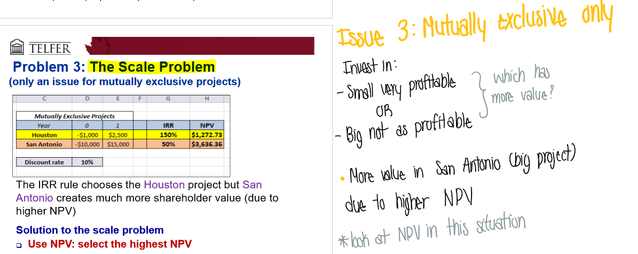 <p>Mutually exclusive projects only</p><p>Invest in small very profitable vs. Big but not as profitable → which has more value?</p><ul><li><p>more value is the big project due to higher NPV!</p></li></ul><p></p>