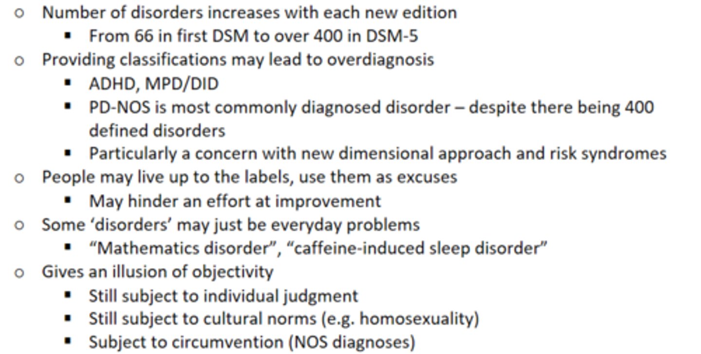 <p>The DSM casts a wide net<br>RDoC framework - organizes disorders according to behaviors and brain activity and studies them using generics, neuroscience, and behavioral science<br>Labels have consequences</p>