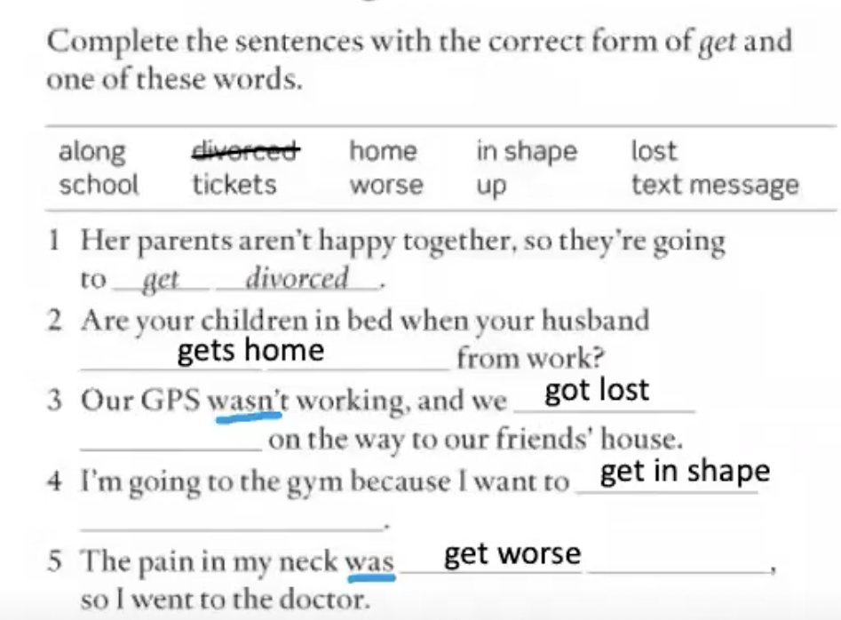 <p><strong><u><mark data-color="#f0dd86" style="background-color: rgb(240, 221, 134); color: inherit;">CONTROLLED PRACTICE 2 </mark><mark data-color="#dbedbf" style="background-color: rgb(219, 237, 191); color: inherit;">- GRAMMAR CHECK</mark></u></strong></p><p>.</p><p>For question 2, it is ‘get home’ or ‘gets home’? Ss: gets</p><p>.</p><p>Q3: The GPS wasn’t working. Is that in the present or the past?</p><p>Ss: Past. So it should be “we got lost”.</p><p>.</p><p>Q4: Is this correct? “I want to get in shape”?</p><p>Ss: No.</p><p>Actually yes it is. It’s ok.</p>