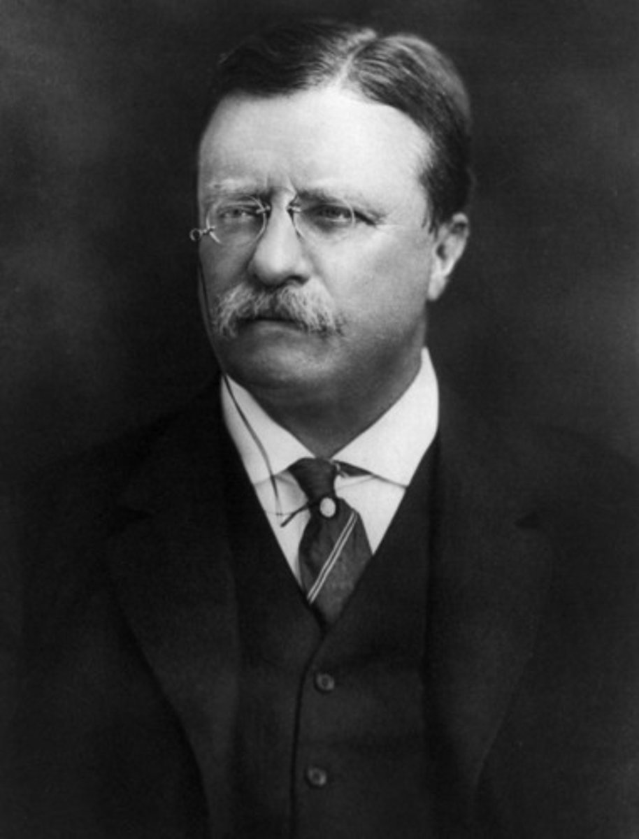 <p>1858-1919. 26th President. Increased size of Navy, "Great White Fleet". Added Roosevelt Corollary to Monroe Doctrine. "Big Stick" policy. Received Nobel Peace Prize for mediation of end of Russo-Japanese war. Later arbitrated split of Morocco between Germany and France.</p>