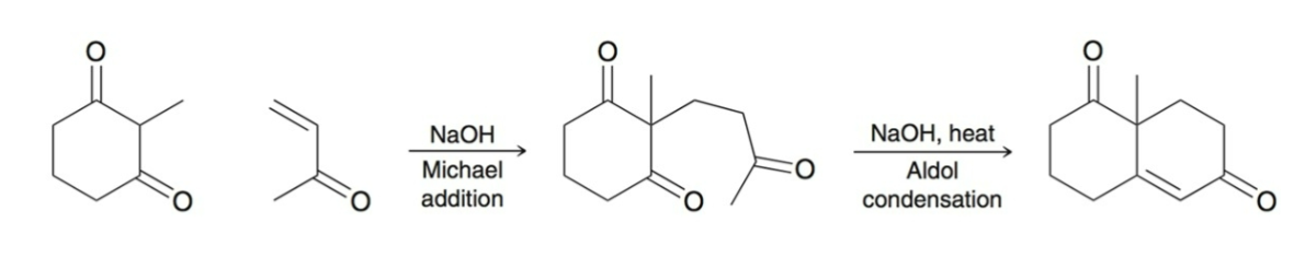 <p>two step process for forming a ring:</p><ol><li><p>Michael Addition</p></li><li><p>Intramolecular aldol condensation </p></li></ol><p></p>