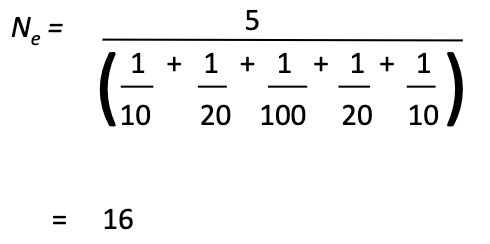 * some species experience fluctions in population size. such fluctuations reduce Ne which can be estimated as the harmonic mean of population size over the particular time period
  * ex. a population of butterflies is counted over 5 successive years and found to contain 10, 20, 100, 20, and 10 individuals. Ne is estimated as follows -- image
