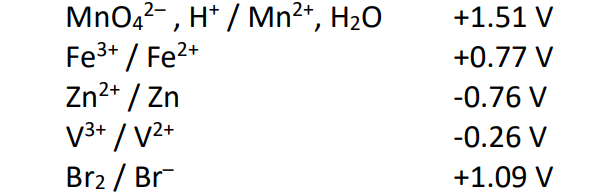 <p>Practice Exam Question</p><p>Given the set of standard potentials for the half-cells below,</p><p>which is the strongest oxidizing agent?</p><p>a) Br2</p><p>b) Fe3+</p><p>c) MnO42–</p><p>d) Zn2+</p><p>e) Mn2+</p>