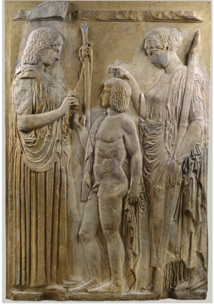 <p><span style="background-color: transparent;"><span>Showing (L-R) Demeter, Triptolemos and Persephone</span></span></p><p><span style="background-color: transparent;"><span>Significance:Relief at Eliuses that shows Demeter, Persephone and Triptolomac (the child Demeter was trying to make immortal)=Linked to agriculture and Linked to how to be immortal, connection to immortality . It also represents the mysteries help you live with immortality in the afterworld, if you transgress the mysteries you don't just miss out, you become punished</span></span><span style="background-color: transparent; font-family: "EB Garamond", serif;"><span> </span></span></p>