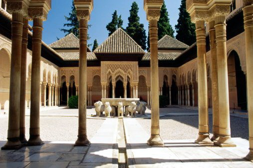 <p>Building</p><p>Alhambra</p><p>1354</p><p>an ancient palace, fortress and citadel located in Granada, Spain. The eighth-century-old site was named for the reddish walls and towers that surrounded the citadel: al-qal&apos;a al-hamra in Arabic means red fort or castle.</p>