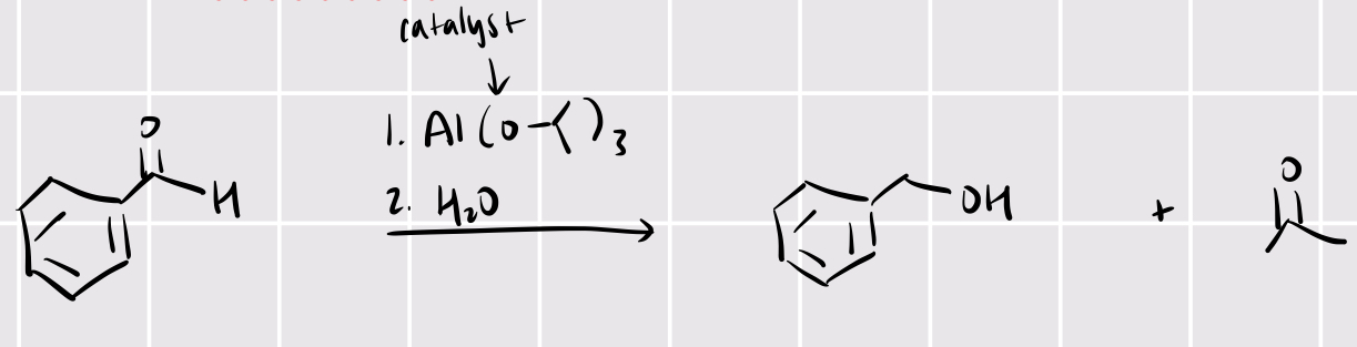 <p>R<sub>2</sub>CO + 1. Al(OCH(CH<sub>3</sub>)<sub>2</sub>)<sub>3<sup> </sup></sub>2. H<sub>2</sub>O —&gt; R<sub>2</sub>OH</p>