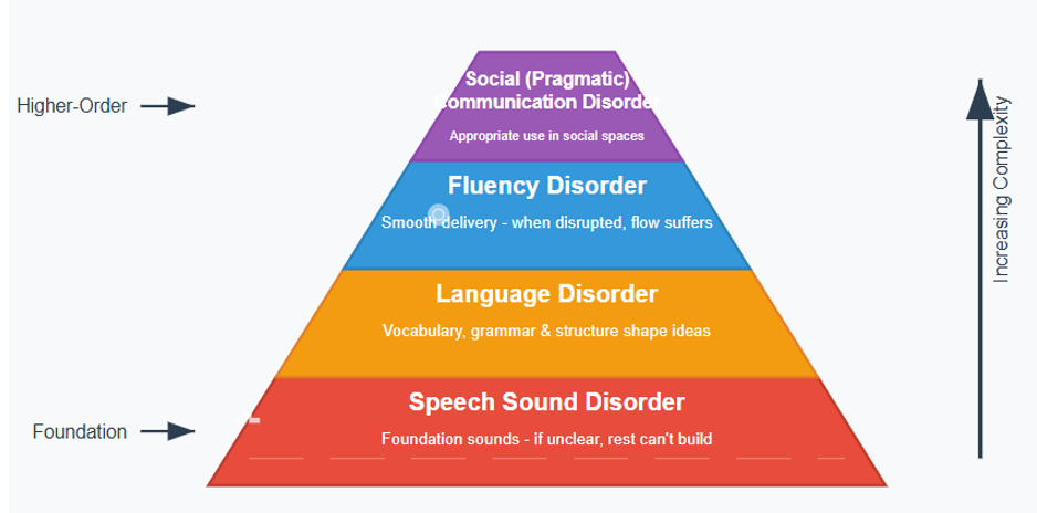 <ul><li><p>speech sound disorder</p></li><li><p>language disorder</p></li><li><p>childhood-onset fluency disorder (stuttering)</p></li><li><p>social (pragmatic) communication disorder</p></li></ul><p></p>