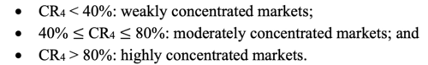 <p>That there is a lot of firms and they have a small share of the market, meaning that we might be in perfect competition</p><p>The greater the CR the more concentrated</p>