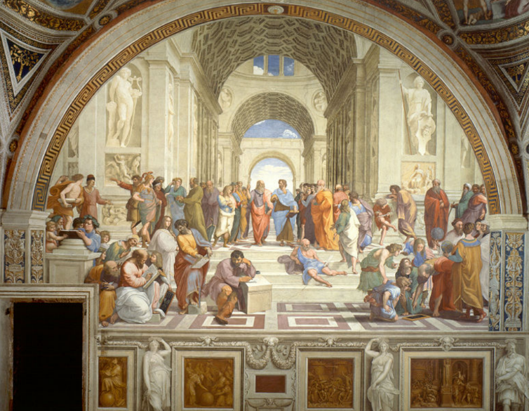 <ul><li><p>Expressed all qualities of High Renaissance art and the use of light and shadow</p></li></ul><p>Paintings: The School of Athens, 1511</p><ul><li><p>Subject matter is classical</p></li><li><p>Painting depicts philosophers from the ancient world, such as Plato, Aristotle and Socrates assembled in the center</p></li><li><p>Figures have idealized bodies, graceful gestures and a beautiful spacious environment</p></li></ul>