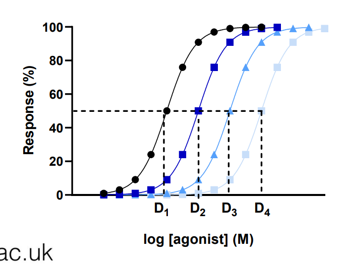 <p>identify which curve is for the i) agonist only ii) agonist + [B] iii) agonist + [2B] iv) agonist + [3B] where B is antagonist</p>