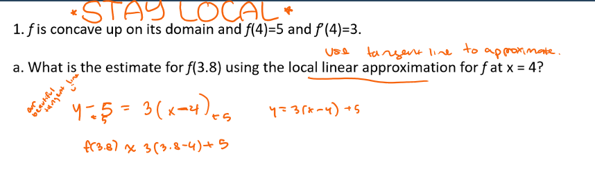 <p>basically:</p><ol><li><p>set up y-f(a)=f’(a)(x-a)</p></li><li><p>plug in everything you know about your original value</p></li><li><p>plug in your estimate value to x</p></li><li><p>solve for y</p></li></ol><p></p>