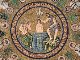 <ol><li><p>Shows Christ getting baptized by John in river Jordan (who is personified)</p></li><li><p>emphasizes Christ’s humanity and subordinate to God, portrayed as androgenous and young (beardless, no muscles)</p></li><li><p>built by Theodoric, an Arian Christian</p></li></ol>