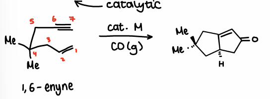 <p>Requires Co<sub>2</sub>(CO)<sub>8</sub>, THF and rt-60<sup>o</sup>C temp.</p><p>The enyne reacts with itself to form the product.</p>