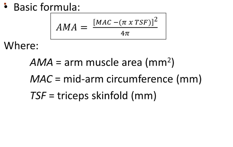 <p>**Correct </p><ul><li><p>Overestimates arm muscle area because it includes the cross sectional area of bone, nervous, and vascular area. </p></li><li><p>Males: subtract 10cm²</p></li><li><p>Females: subtract 6.5cm²</p></li></ul><p></p>