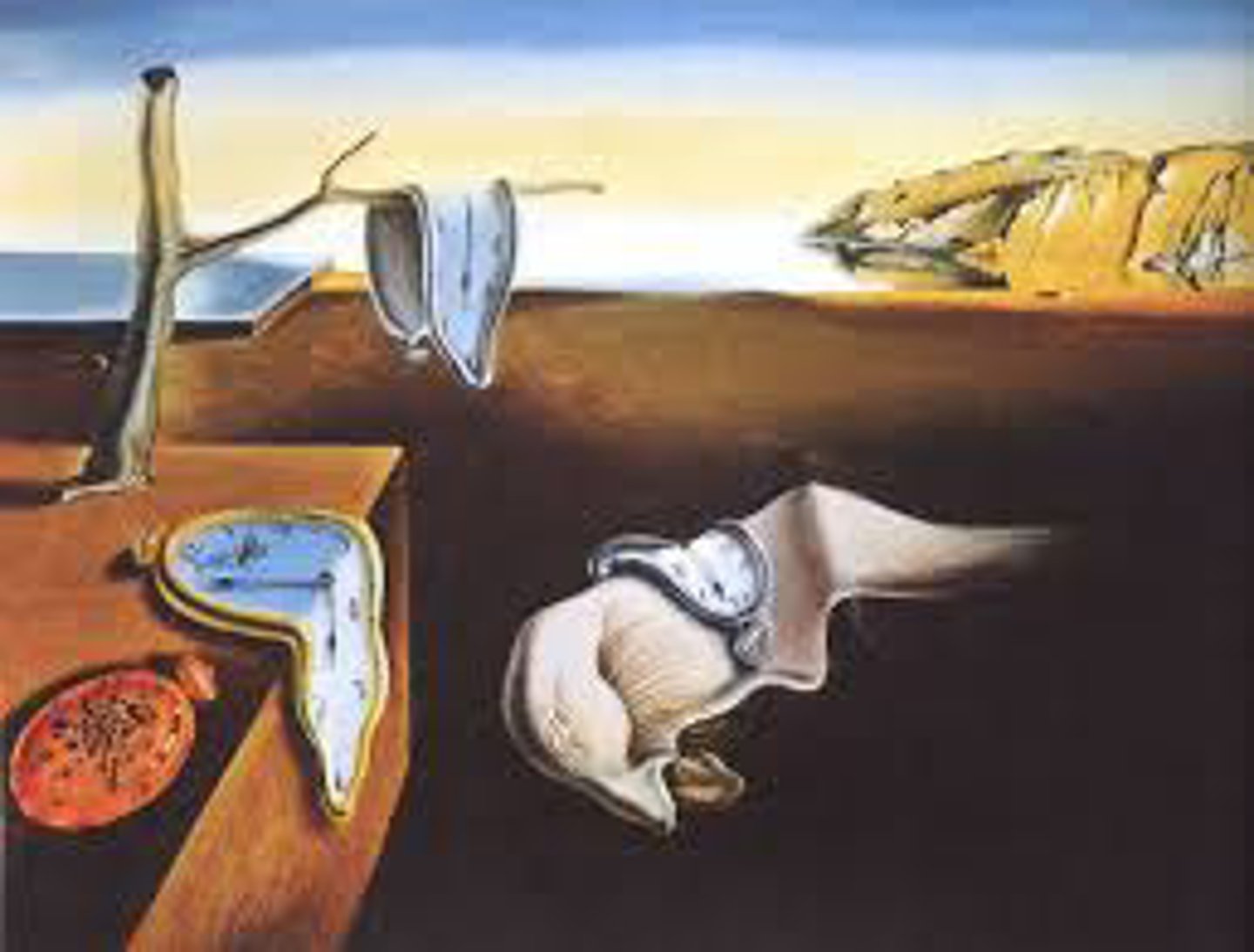 <p>This Surrealist painting depicts melting clocks in a dreamlike landscape, suggesting the instability of time.</p>