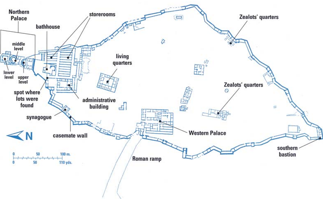 built by King Herod; two palaces, one on the northern end with 3 levels and one on the western end; tanneries, workshops, what may be a synagogue, storage areas