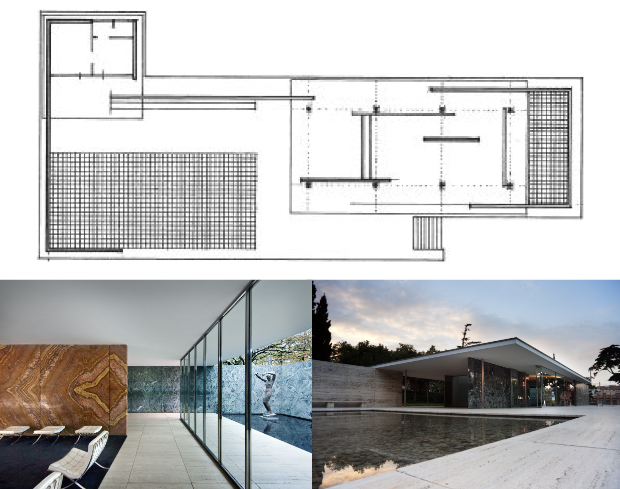 <ul><li><p>German pavilion at international exhibition</p></li><li><p>abstract elements</p><ul><li><p>floating planes and single sculpture</p></li></ul></li><li><p>free plan > load bearing frame</p></li><li><p>vertical symmetry > building feels weightless</p></li></ul><p></p>
