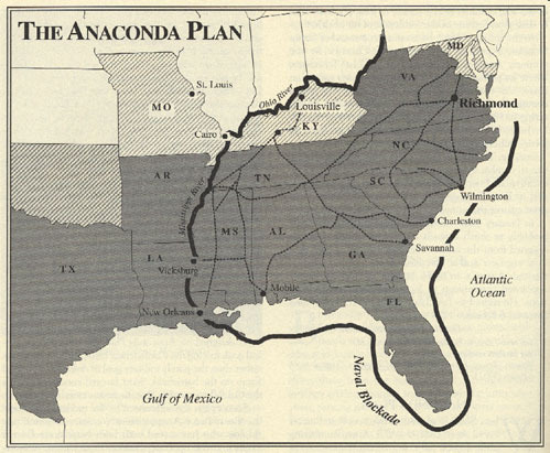 <p>Union war plan by Winfield Scott, called for blockade of southern coast, capture of Richmond, capture of the Mississippi River, and to take an army through heart of south.</p>