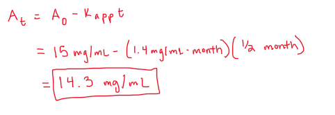 <ul><li><p>suspension indicates its pseudo zero order</p></li><li><p>use integration rate equation to solve for At (conc)</p></li><li><p>BE CAREFUL, the rate constant unit is in months, so must convert weeks to months</p></li></ul>