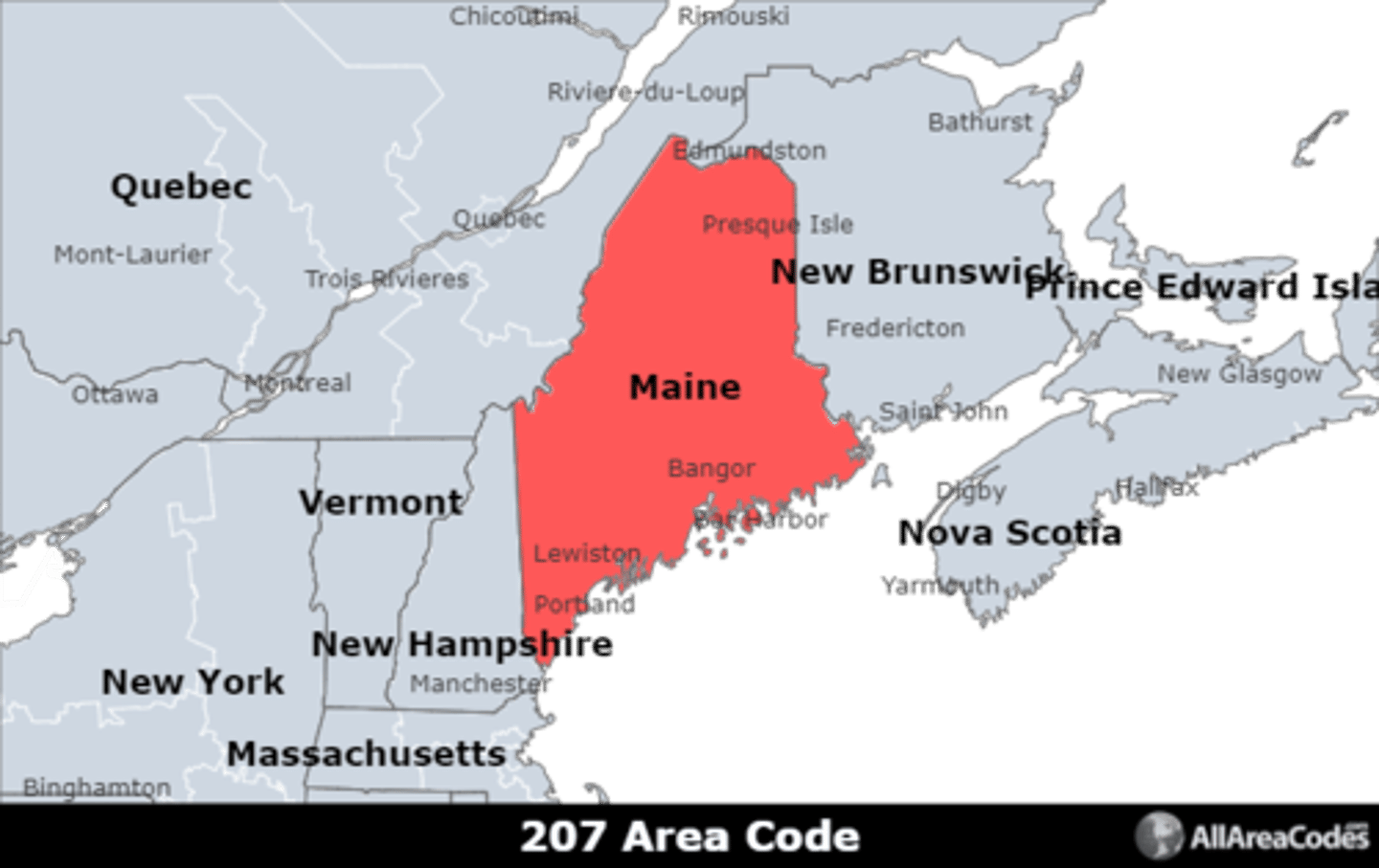 <p>Area code 207 covers the entire state of Maine. It is the only area code that serves the area.</p>