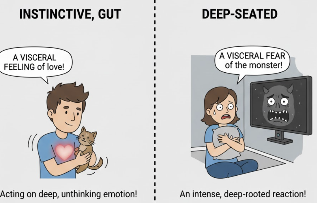 <p>Relating to deep inward feelings rather than to the intellect. </p><ul><li><p>(Thuộc về bản năng, cảm tính, nảy sinh từ nội tâm sâu sắc)</p></li></ul><p><strong>Dạng liên quan:</strong></p><ul><li><p><strong>Viscerally</strong> (Trạng từ: Một cách bản năng)</p></li><li><p><strong>Viscera</strong> (Danh từ y khoa: Nội tạng)</p></li></ul><p><strong>Ngữ cảnh:</strong></p><ul><li><p>dùng khi muốn mô tả một cảm giác gì đó rất thật, rất "đời", không cần giải thích bằng lý trí.</p></li></ul><p></p>