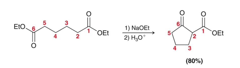 <p>Intramolecular Claisen condensations</p><ul><li><p>Like with aldol reactions, Dieckmann cyclization prefers the formation of 5- and 6-membered rings.</p></li></ul><p></p>