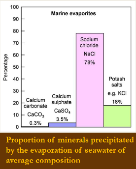 <p>The most soluble compounds precipitate first when seawater is evaporated, so CaCO3 is first, followed by CaSO4, NaCl, and KCl once the seawater is fully concentrated</p>