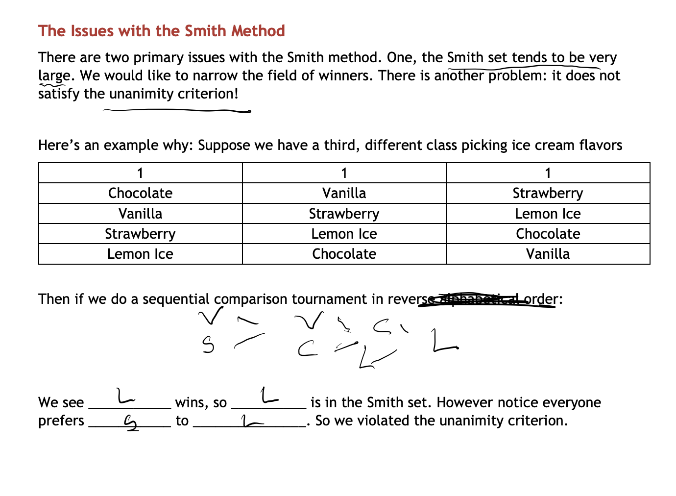 <p>The smallest possible dominating set</p><p></p><ul><li><p>only one</p></li><li><p>If there is a Condorcet, the SS is just the Condorcet</p></li><li><p>violates the unanimity criterion</p></li><li><p>if you kick out non-Smith candidates, the election will not change</p><ul><li><p><u>does not allow losing spoilers</u></p></li></ul></li><li><p>winner of sequential comparison</p></li><li><p><u>Condorcet fair</u></p></li><li><p><u>does not satisfy unanimity</u></p><p></p></li></ul><p></p>