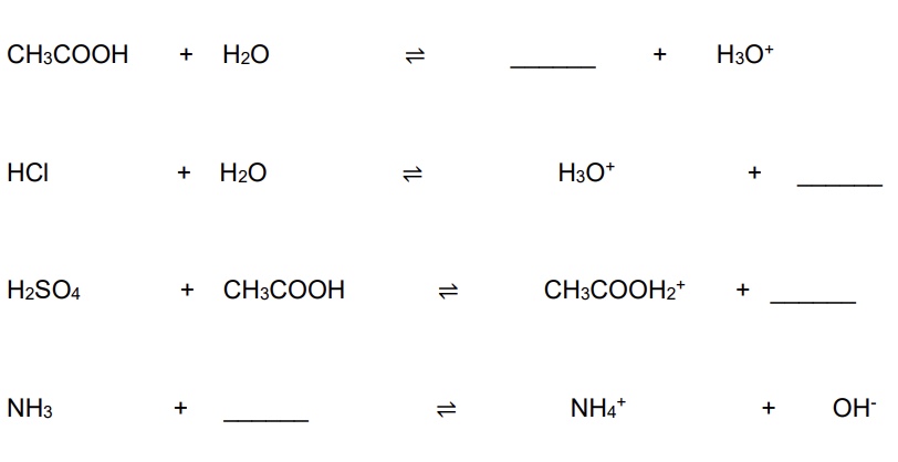 <p>complete the following reactions + state which species is the acid + which is the base on both sides of the equilibrium arrow </p>