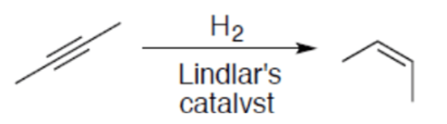 <p>Carbocation: no</p><p>Regiochemistry: N/A</p><p>Stereoselectivity: syn</p><p>Reagent(s): H2 over Lindlar's catalyst</p><p>- Turns internal alkyne to (Z)-alkene</p>