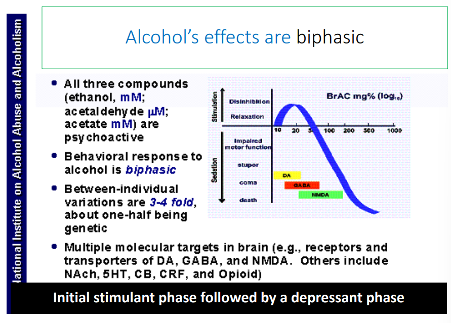 <p>biphasic (initial stimulant phase followed by a depressant phase)</p>