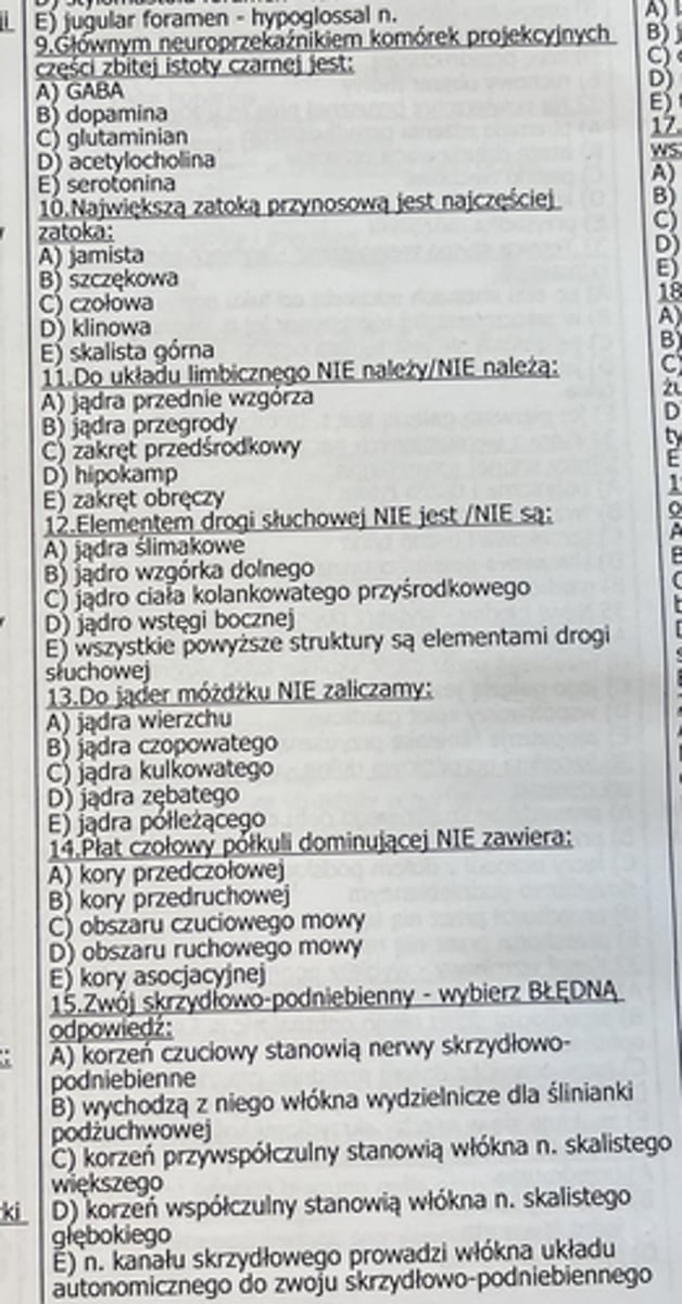 <p>12</p><p>🔊 Droga słuchowa – przebieg od ucha wewnętrznego:</p><p>Ślimak (cochlea)</p><p>– Receptory słuchu: komórki rzęsate (hair cells) w narządzie spiralnym (Cortiego)</p><p>– Generują impulsy nerwowe</p><p>Zwój spiralny ślimaka (spiral ganglion)</p><p>– Ciała komórek nerwowych I rzędu (neuronów czuciowych)</p><p>Nerw ślimakowy (cochlear nerve)</p><p>– Część nerwu przedsionkowo-ślimakowego (vestibulocochlear nerve, VIII)</p><p>Jądra ślimakowe brzuszne i grzbietowe (ventral and dorsal cochlear nuclei)</p><p>– W rdzeniu przedłużonym (medulla oblongata)</p><p>– Tu zaczynają się neurony II rzędu</p><p>Ciało czworoboczne (trapezoid body)</p><p>– Miejsce skrzyżowania części włókien (skrzyżowanie słuchowe)</p><p>Jądra oliwki górnej (superior olivary nuclei)</p><p>– Integracja informacji z obu uszu (istotna dla lokalizacji dźwięku)</p><p>Wstęga boczna (lateral lemniscus)</p><p>– Pasmo włókien biegnących ku górze przez most (pons)</p><p>– Część z synapsami w jądrze wstęgi bocznej (nucleus of lateral lemniscus)</p><p>Wzgórek dolny pokrywy śródmózgowia (inferior colliculus of the midbrain)</p><p>– Ośrodek integrujący bodźce słuchowe</p><p>Ciało kolankowate przyśrodkowe (medial geniculate body)</p><p>– Wzgórze (thalamus) </p><p>– ostatnia stacja przekaźnikowa przed korą</p><p>– Neurony III rzędu</p><p>Promienistość słuchowa (auditory radiation)</p><p>– Włókna biegnące z ciała kolankowatego przyśrodkowego do kory</p><p>Kora słuchowa pierwszorzędowa (primary auditory cortex)</p><p>– Zakret skroniowy górny (superior temporal gyrus), pole Brodmanna 41 i 42</p><p>– Znajduje się w zakręcie Heschla (Heschl’s gyrus)</p>