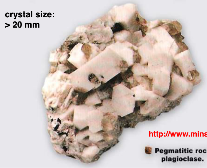 <p>crystal size greater than 20mm, very coarse grained, off-shoots of cooling magma granite, filling fractures, last stage of crystallization<br></p><p>pegmatite can contain gemstones and REE, higher prop of water in magma, water lowered viscosity, made it easy for elements to diffuse into magma, resulting in large crystals, not cooling slow (abnormal)</p>