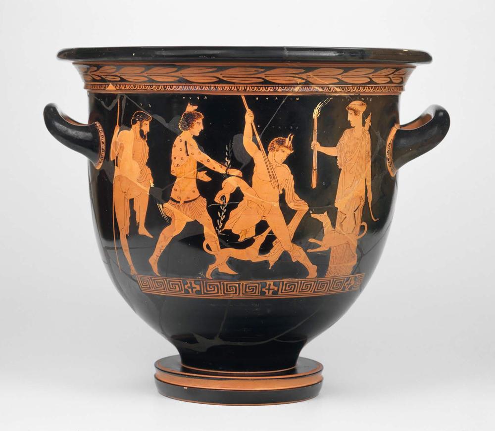 <p>Attic bell-krater attributed to the Lykaon Painter - Death of Actaeon, Greek, c. 440 BCE</p>