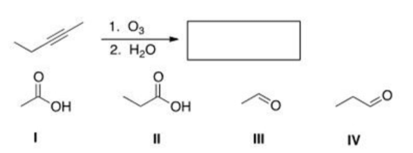 <p>Which of the following is (are) formed by ozonolysis of the following alkyne?</p><p>A. Only I and II</p><p>B. Only III and IV</p><p>C. Only I and IV</p><p>D. Only II and III</p>