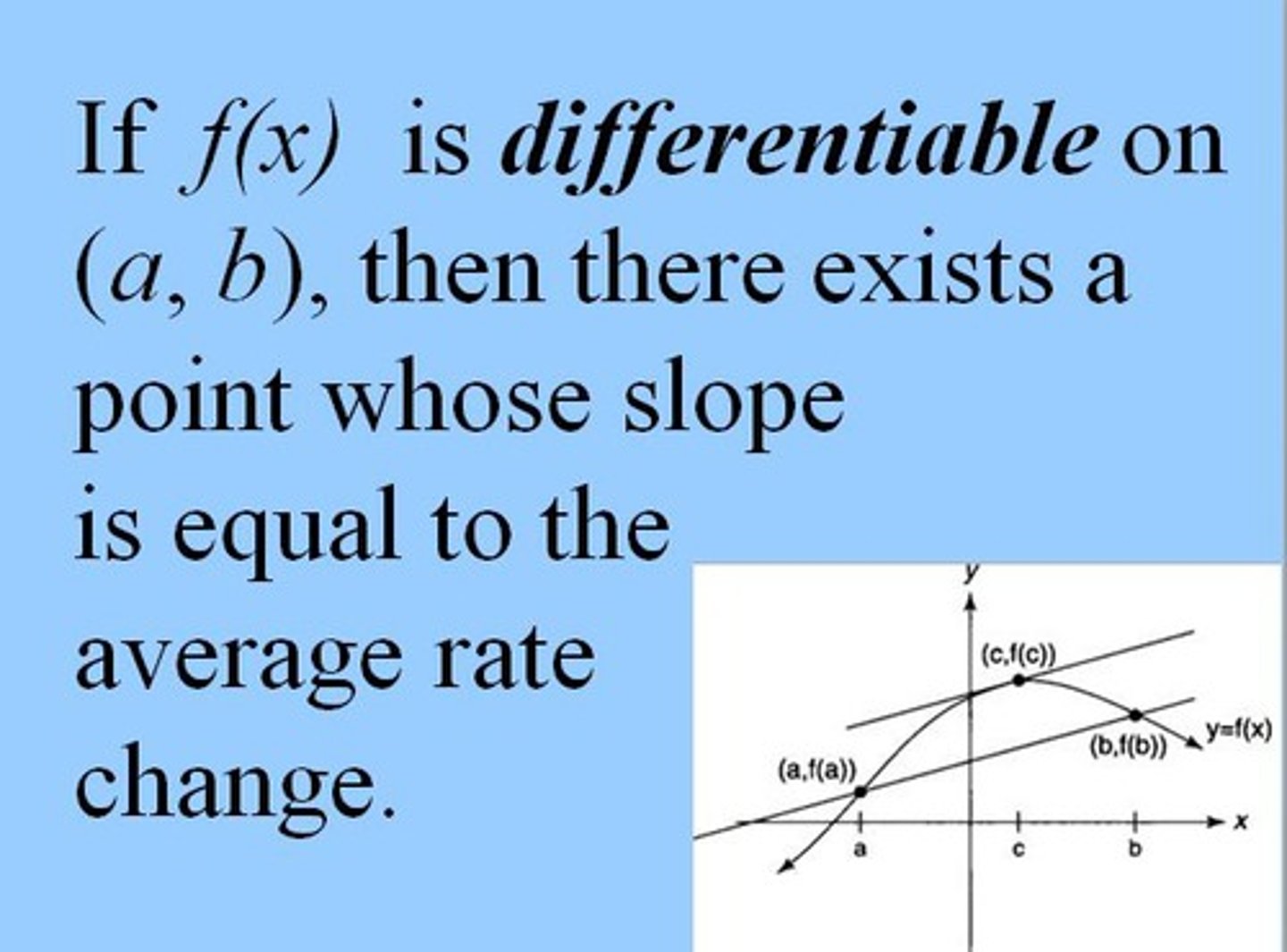 <p>The instantaneous rate of change will equal the mean rate of change somewhere in the interval. Or, the tangent line will be parallel to the secant line.</p>