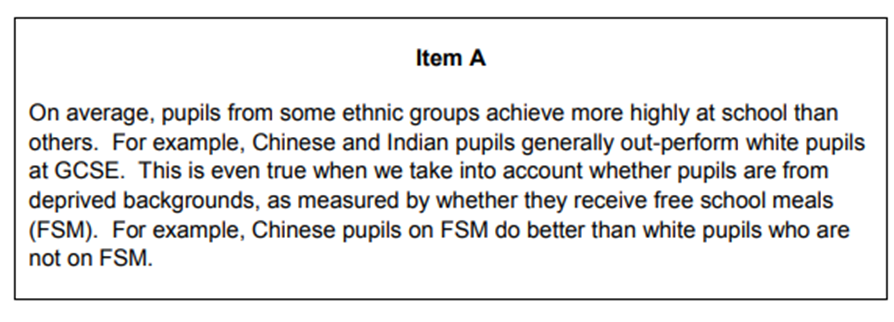 <p><span>Specimen 1: Applying material from Item A, analyse two reasons why pupils from some minority ethnic groups achieve above average results in school. [10]</span></p>