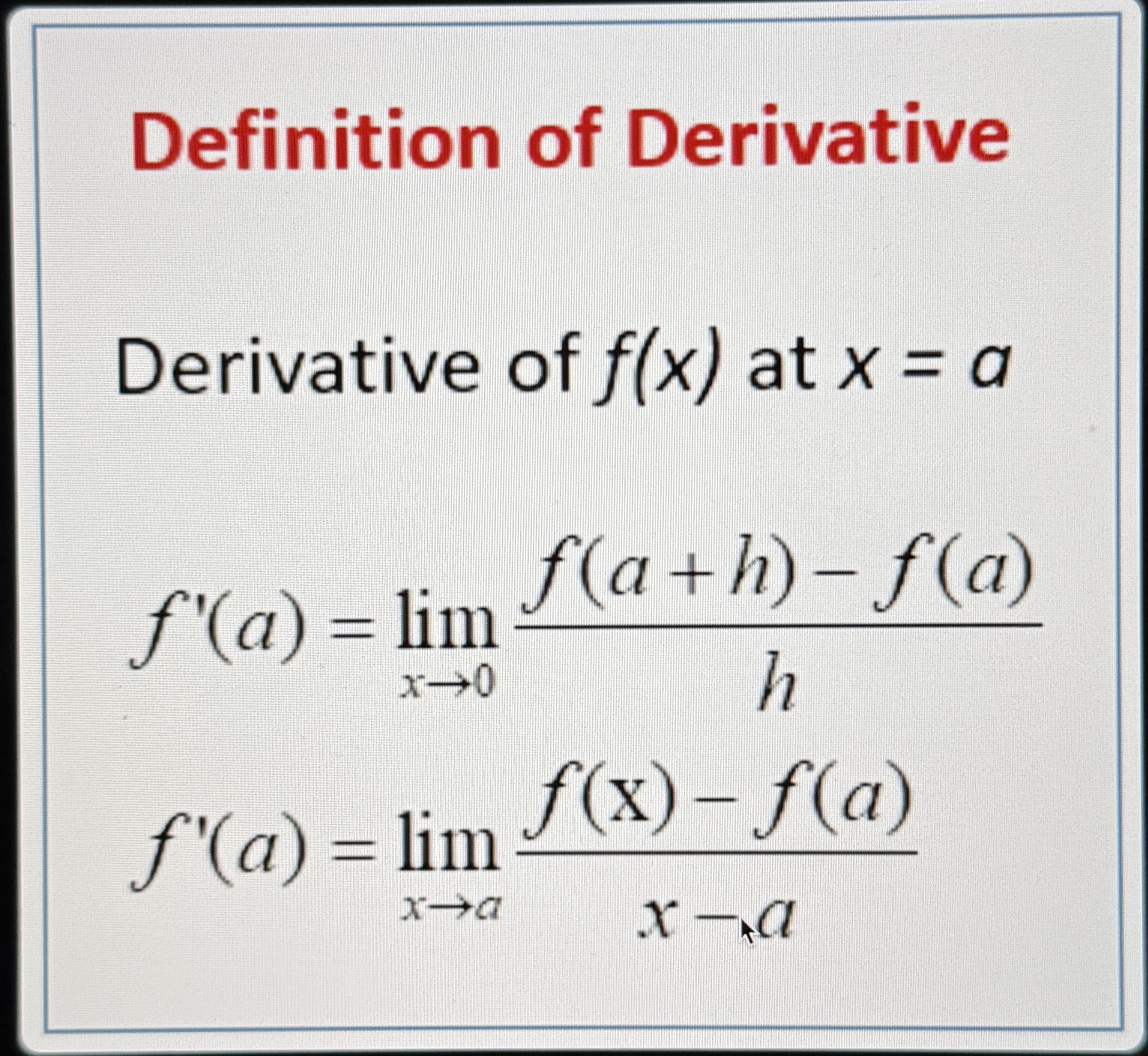 <p><span>This is called the definition of the derivative!</span></p><ul><li><p><span>﻿﻿Remember that the derivative is just the rate of change at a specific point, so we use a limit to find the slope as x gets infinitesimally small</span></p></li></ul>