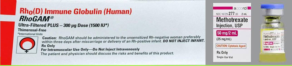 <ul><li><p><strong>Methotrexate</strong>: terminates and expells the pregnancy.</p><ul><li><p>lab work: have mom come in and watch beta hCG level go down to 0.</p></li></ul></li><li><p><strong>Surgery</strong>:</p><ul><li><p>Salpingostomy (just the ectopic baby)</p></li><li><p>Salpingectomy (the whole tubes)</p></li></ul></li><li><p><strong>Rhogam</strong>: for moms that are Rh-negative.</p><p></p></li></ul><p><strong><u>**Folic acid is an antagonist to methotrexate, so they may need to stop prenatal vitamins</u></strong><u>**</u></p>