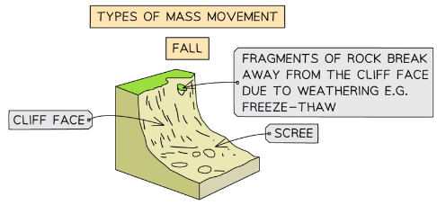 <p>Occur on<mark data-color="green"> sloped cliffs</mark> (over 40<span>° to the beach floor) when the<mark data-color="green"> rock becomes exposed to mechanical weathering</mark> (often <mark data-color="green">freeze-thaw</mark>)</span></p>