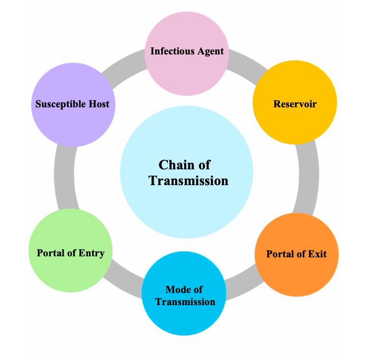 * Chain of Infection

  \-----------------------
* Infectious Agent
* Reservoir (food, oxygen, water, temperature, pH, and light
* Portal of Exit (skin and mucous membranes, respiratory tract, urinary tract, gastrointestinal tract, reproductive tract, blood
*  Modes of transmission (contact, droplet, airborne
* Port of Entry
* Susceptible Host 