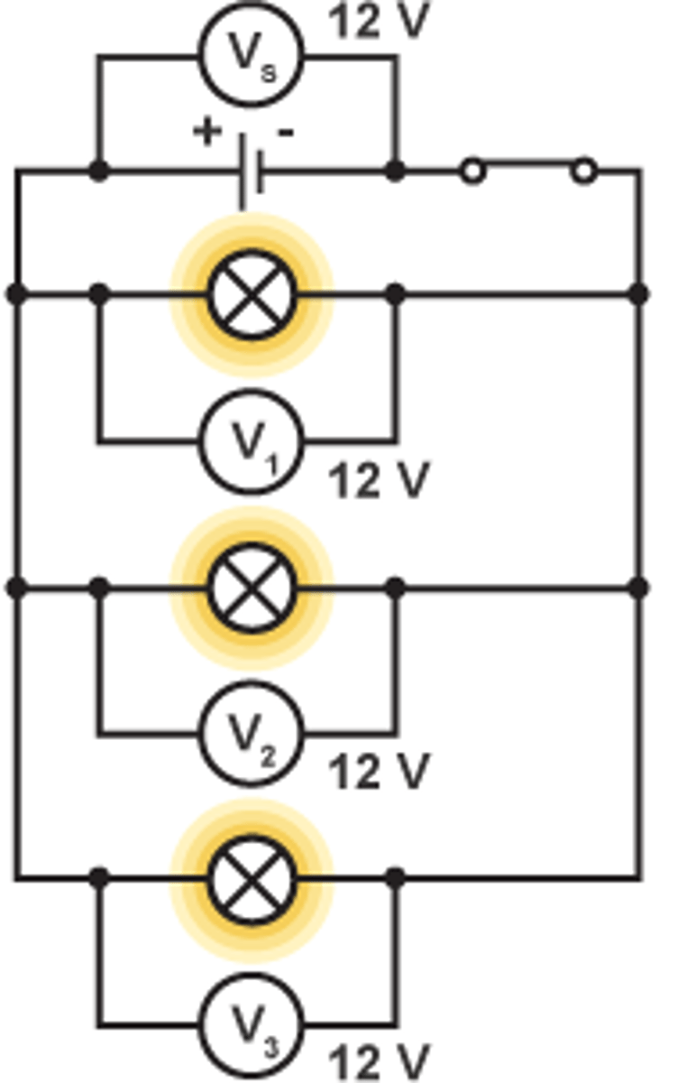 <p>Voltage stays the same in each branch of the circuit. <br>- Voltage across each branch is equal to the voltage across the cells.</p>