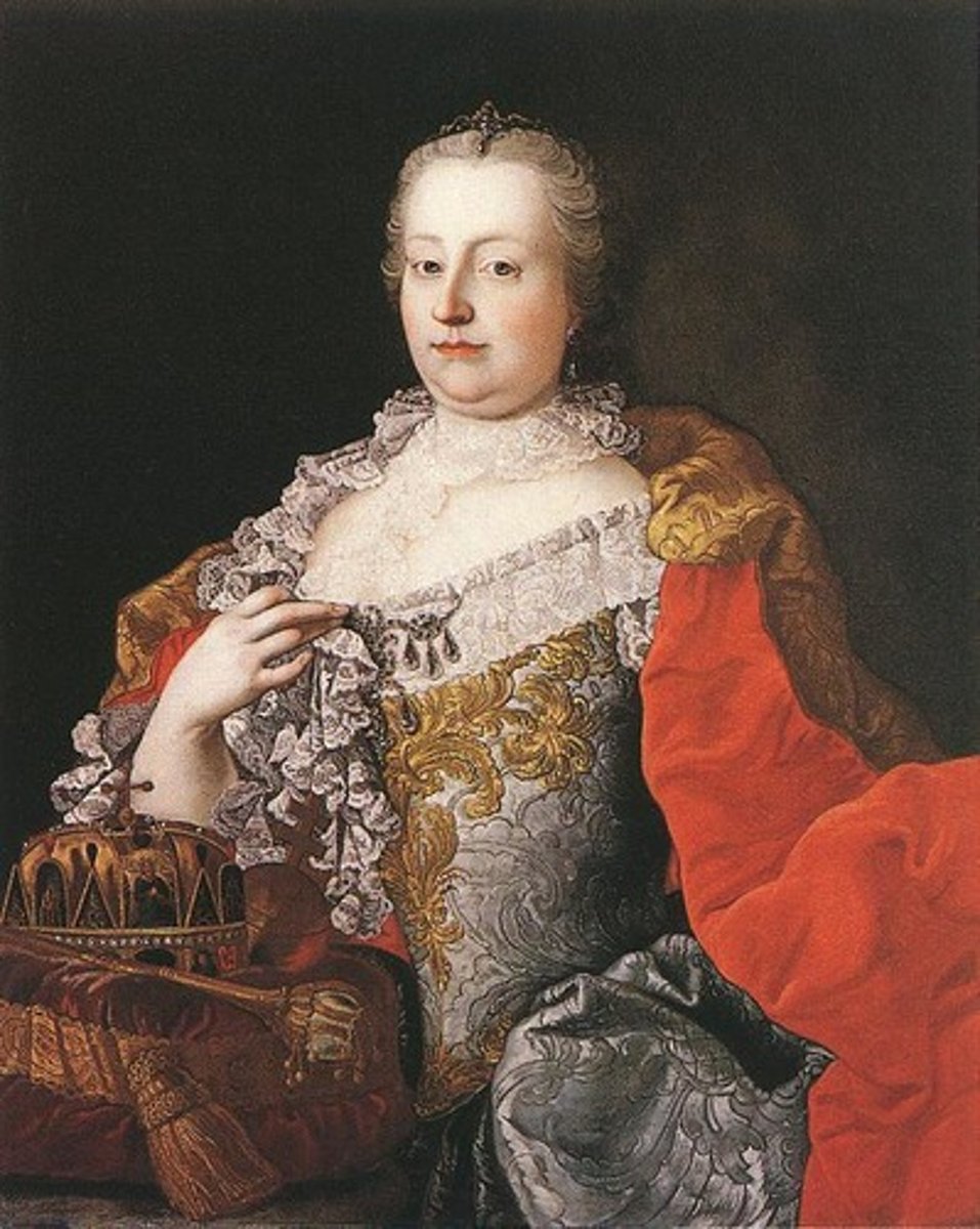 <p>a. Empress</p><p>b. Austria</p><p>c. She was attacked by Frederick the Great during the War of Austrian Succession. She survived the war and brought about ideas of reform, established royal control over taxes, and took steps to end serfdom. One of her daughters was Marie Antoinette.</p>