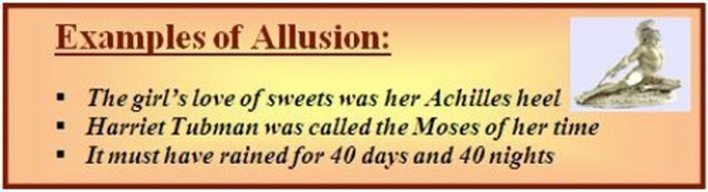 <p>A reference to another work of literature, person, or event.</p><p>Very often Biblical, Shakespeare, or popular culture</p>