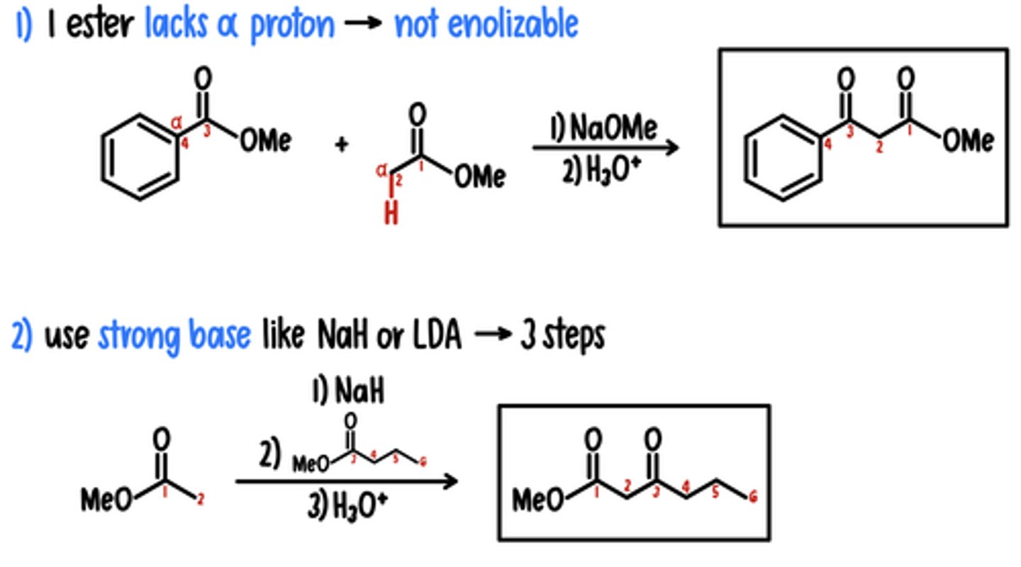 <p>getting 1 product btwn different esters</p><p>1) 1 Ester Lacks ⍺ Proton → Not Enolizable</p><p>Reagents: 1) NaOMe / 2) H3O+</p><p>2) Strong Base (NaH or LDA) → 3 Steps </p><p>Reagents: 1) NaH (or LDA) / 2) Ester / 3) H3O+</p>