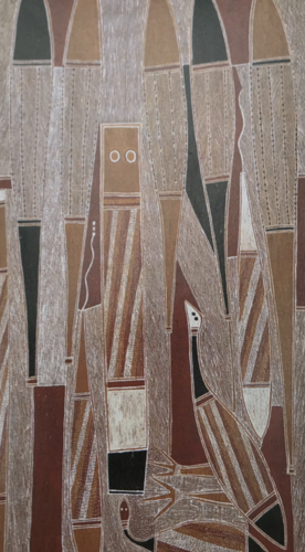 Aboriginal Art concerned with the idea of "Dreamtime". Includes when ancestors emerged from the Earth. Their actions shaped the landscape, and gave rise to all life from within.