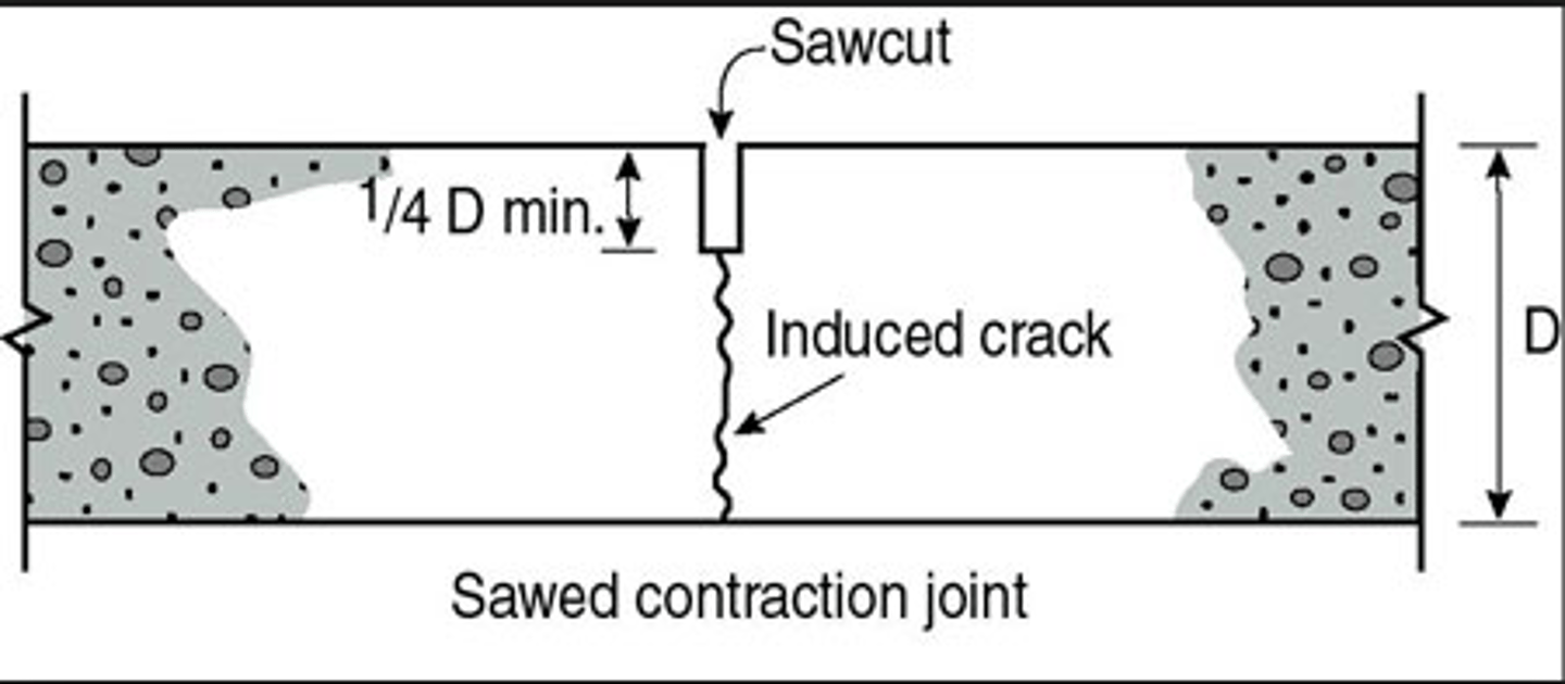 <p>a continuous groove or separation formed, sawed, or tooled in a concrete or masonry structure to form a plane of weakness and thus regulate the location and amount of cracking resulting from drying shrinkage or thermal stresses</p>