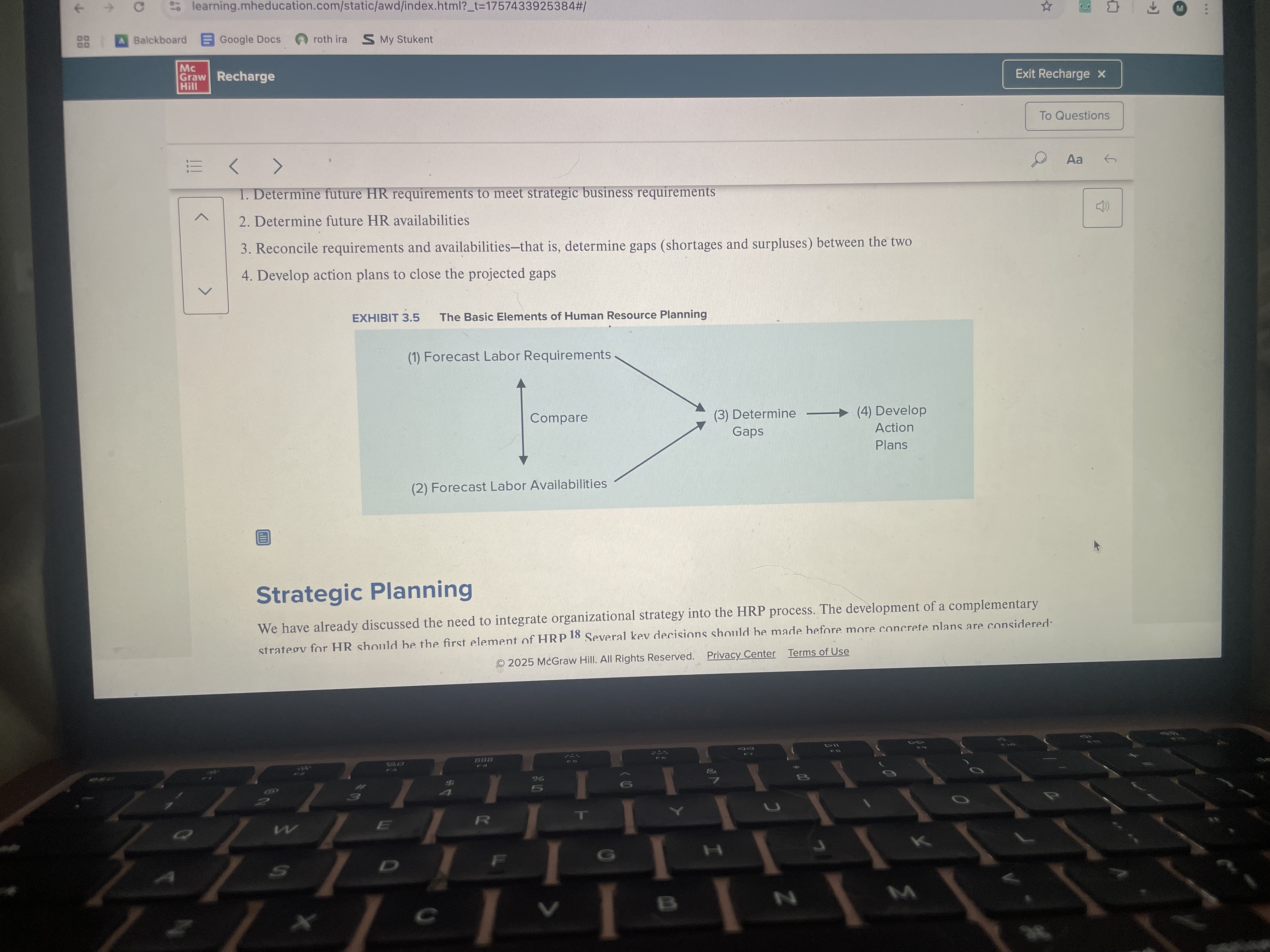 <ol><li><p><span>Determine future HR requirements to meet strategic business requirements</span></p></li><li><p><span>﻿﻿﻿Determine future HR availabilities</span></p></li><li><p><span>﻿﻿﻿Reconcile requirements and availabilities-that is, determine gaps (shortages and surpluses) between the two</span></p></li><li><p><span>﻿﻿﻿Develop action plans to close the projected gaps</span></p></li></ol>
