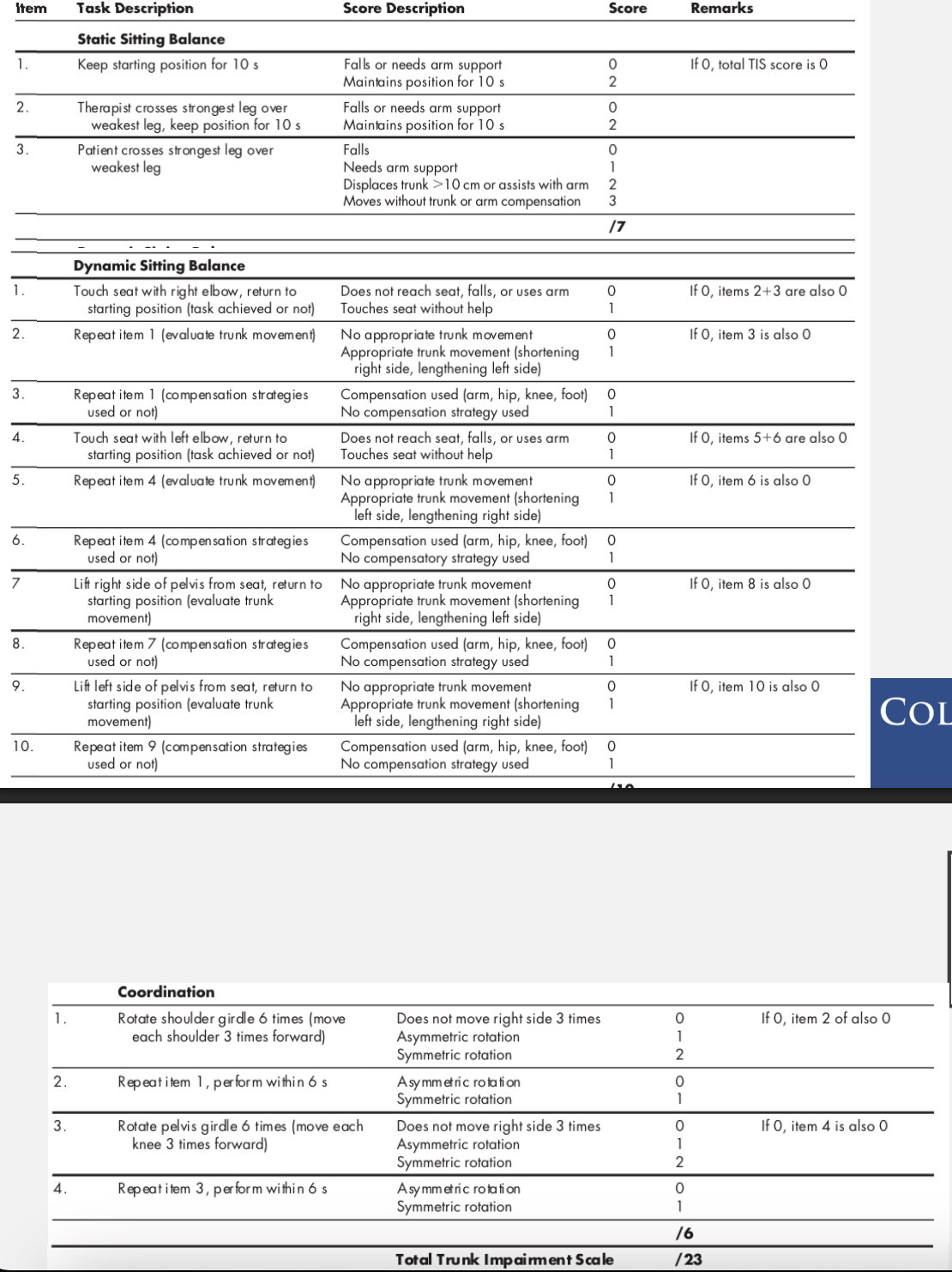<p><strong><u>scores </u></strong></p><ul><li><p><strong><u>static sitting balance</u></strong></p></li><li><p><strong><u>dynamic sitting balance</u></strong></p></li><li><p><strong><u>coordination</u></strong></p></li></ul><p></p>